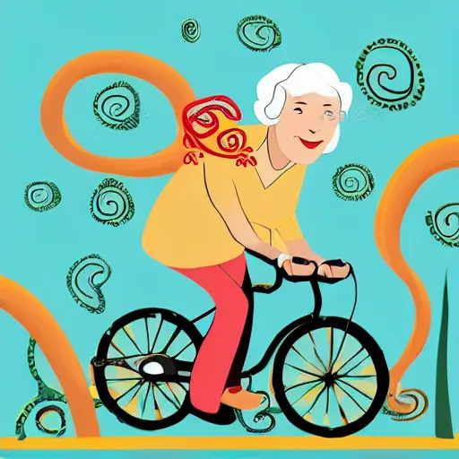 Image similar to a cute gentle elderly woman riding a bike through a field of lava and tentacles, realistic photo