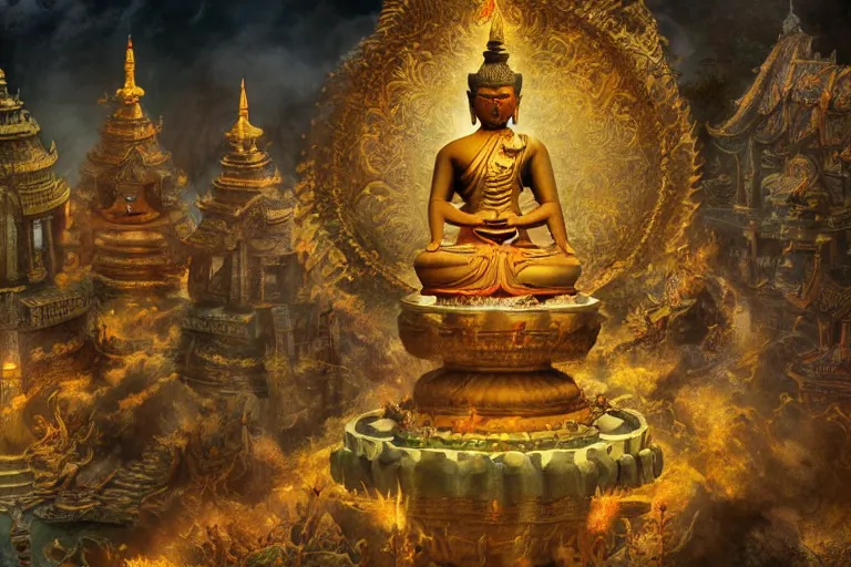 Prompt: the ancient mythical buddhist kingdom of shambhala, in the style of frank frazetta and andrea pozzo, ultra realistic, atmosphere glow, detailed intricate, colorful, cinematic lighting, unreal engine, god lighting