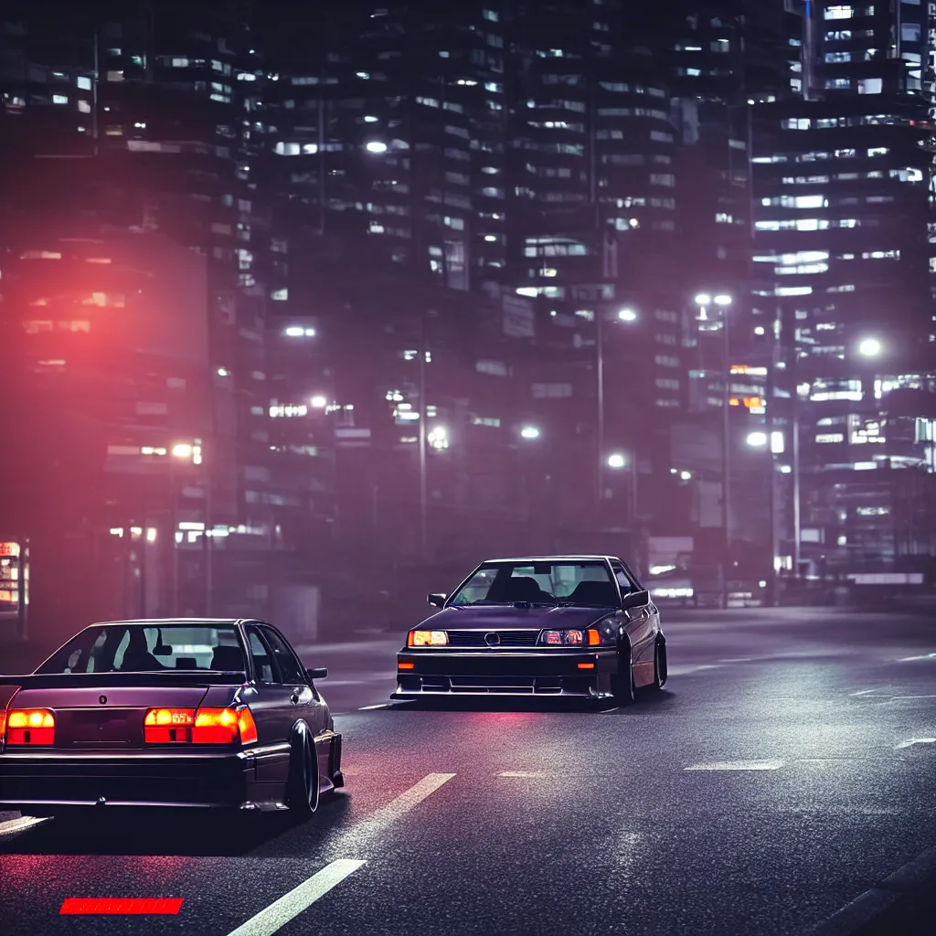 Prompt: a single car JZX100 twin turbo drift in the road, Tokyo prefecture, Japanese architecture, city sunset mist lights, cinematic lighting, photorealistic, detailed alloy wheels, highly detailed