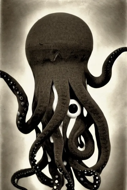 Image similar to anthropomorphic octopus , wearing a suit, tentacles spilling out of the collar, vintage photograph, sepia