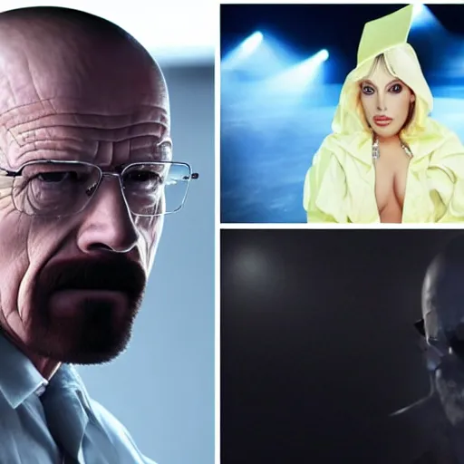 Image similar to Walter White vs lady gaga, realistic, 8k resolution, hyperdetailed, highly detailed, real life, studio lighting, high quality, dramatic shot,