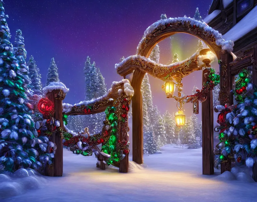 Image similar to a very detailed concept art of intricate and well designed jingle bell gates to north pole, infused with aurora borealis, dynamic lighting, trending on artstation, path traced, highly detailed, high quality, digital painting, digital art, 4 k, hyper realistic, octane render, sharp focus