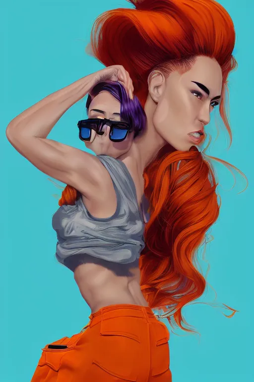 Image similar to a award winning half body portrait of a beautiful caucasian woman in a croptop and cargo pants with ombre orange blue teal hairstyle with head in motion and hair flying by will eisner, outrun, vaporware, digital art, trending on artstation, highly detailed, fine detail, intricate