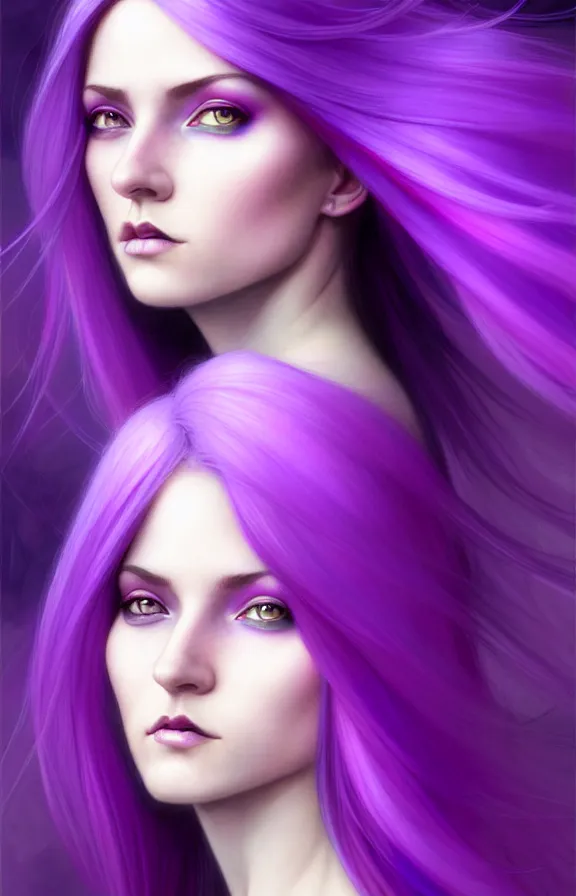 Prompt: Purple hair relistic Portrait of a woman with bright colored flying hair, all shades of purple. 100 mm, Beauty face, Hair coloring, fantasy, intricate, elegant, highly detailed, digital painting, artstation, concept art, smooth, sharp focus, illustration, art by artgerm and greg rutkowski and alphonse mucha