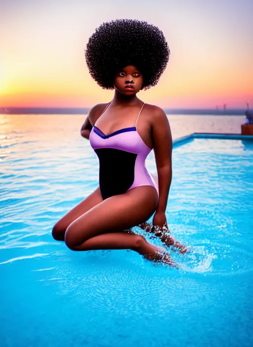 Image similar to a plump afro girl on the edge of the pool in a galographic swimsuit, a swimsuit with a lock on the chest, afro pigtails hairstyle, sunset mood, vogue style, composition, perfect composition, medium close - up ( mcu ), cannon ef 6 5 mm f / 2. 8 8 k