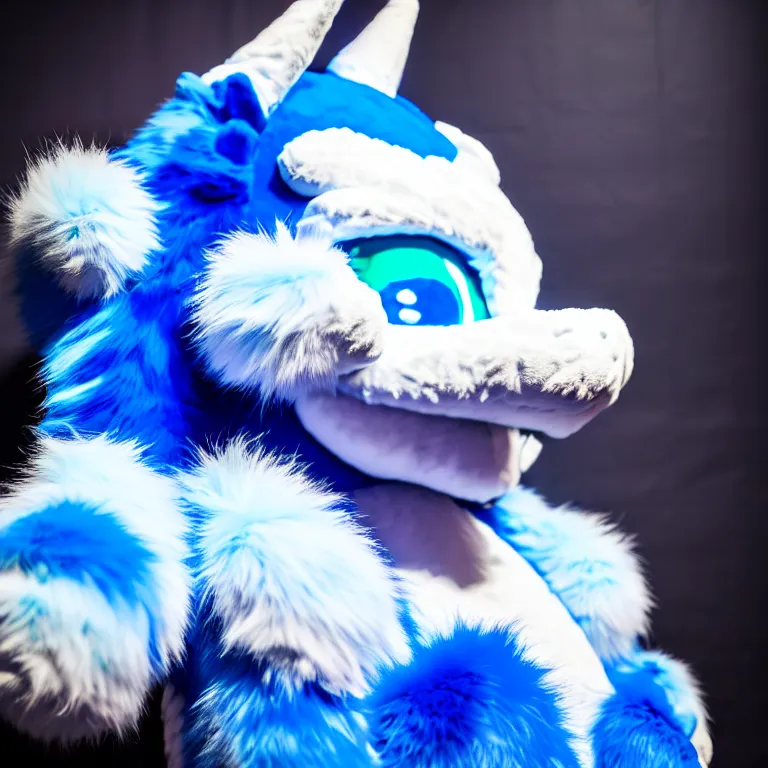 Prompt: photo of a fursuiter ( spherical dragon ) ( blue + white fur ) posing | | fullbody fursuiter photoshoot, photo portrait of a cute roguish male furry fursuiter ( tail attached ), key visual, warm lighting, hd, taken at anthrocon ( furry convention ), 1 6 k