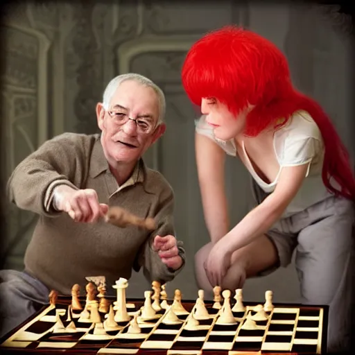 Image similar to a beautiful man wearing a red wig playing chess with an older janitor. baroque. high quality artgem trending fantastic exquisite