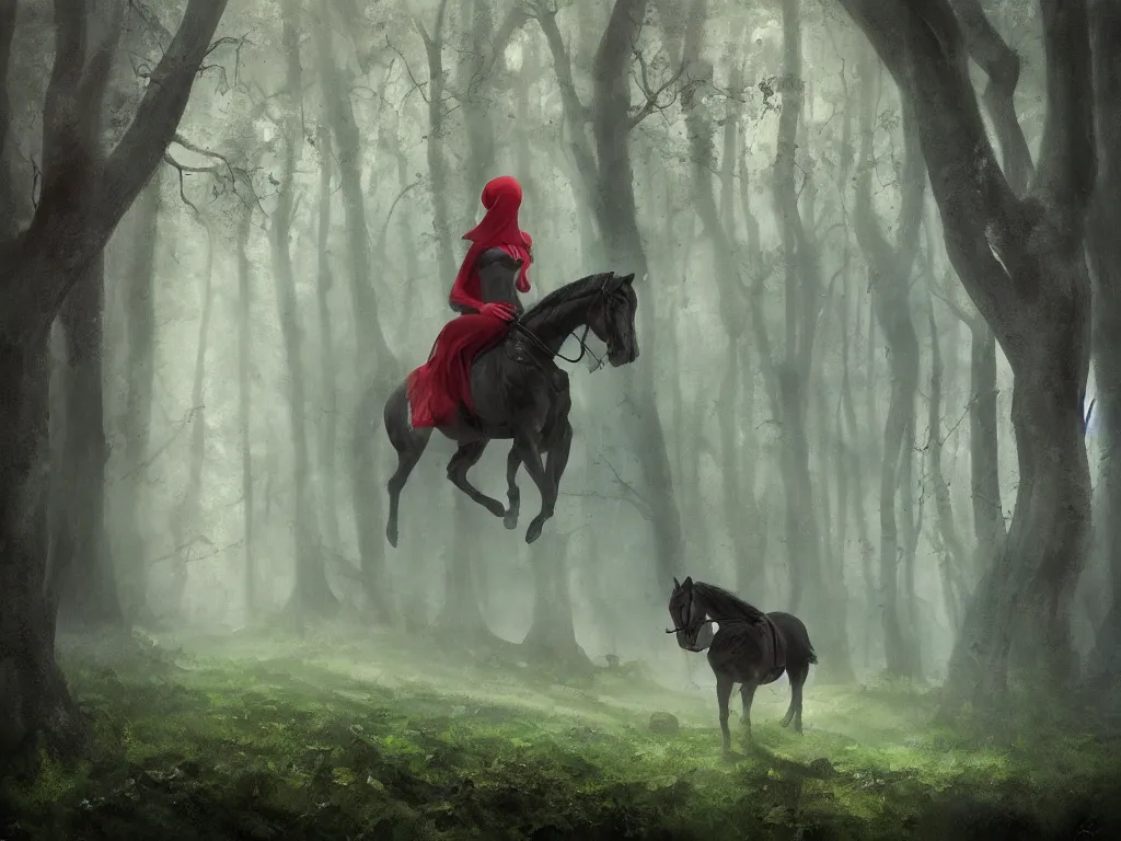 Prompt: a female beauty wearing a red cap rides through a dense green oak and beech forrest on a strong black horse, rays of life, cinematic, fantasy art, moody evening light, foggy, trending on artstation, by esao andrews, by naoto hatori, by tyler jacobson