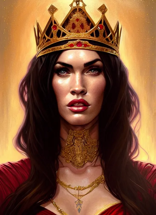 Image similar to portrait of megan fox as a queen, throne, jewelry, greek, ruby, intricate, headshot, highly detailed, digital painting, artstation, concept art, sharp focus, cinematic lighting, illustration, art by artgerm and greg rutkowski, alphonse mucha, cgsociety