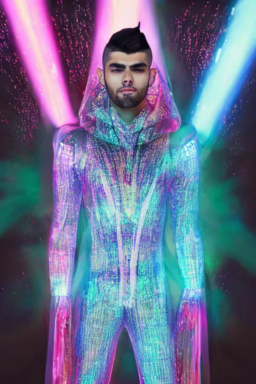 Image similar to full-body baroque and cyberpunk low-poly crystalline sculpture of attractive muscular iridescent Zayn Malik as a humanoid deity wearing a thin see-through plastic hooded cloak sim roupa, posing like a superhero, glowing pink face, crown of white lasers, large diamonds, swirling black silk fabric. futuristic elements. oozing glowing liquid, full-length view. space robots. human skulls. throne made of bones, intricate artwork by caravaggio. Trending on artstation, octane render, cinematic lighting from the right, hyper realism, octane render, 8k, depth of field, 3D