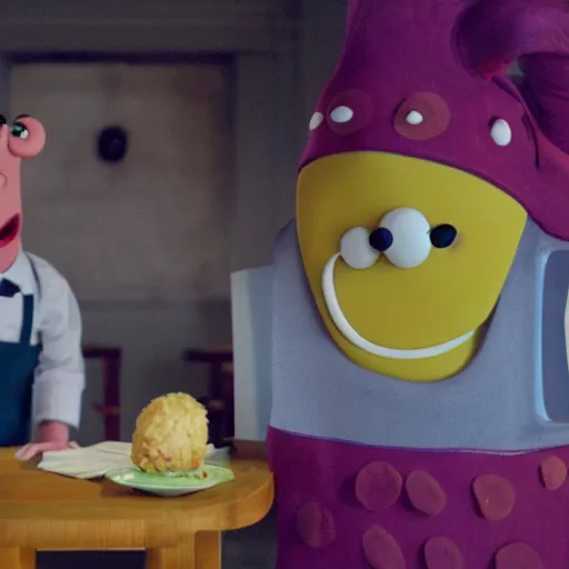 Image similar to film still of an anthropomorphic squid who is the boss of a restaurant, greeting an anthropomorphic sponge man who is a cook in the kitchen