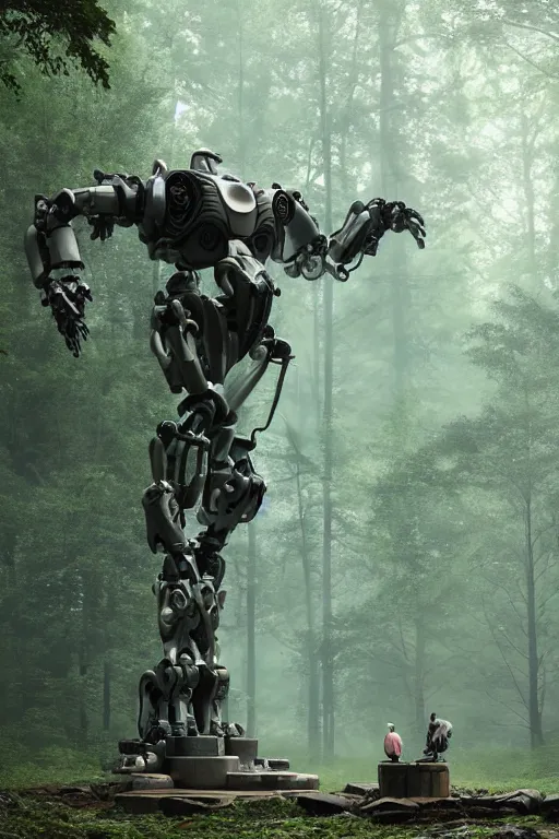 Image similar to A large mechanical robot statue in the middle of a forest by Greg Rutkowski, Sung Choi, Mitchell Mohrhauser, Maciej Kuciara, Johnson Ting, Maxim Verehin, Peter Konig, final fantasy , 8k photorealistic, cinematic lighting, HD, high details, atmospheric,