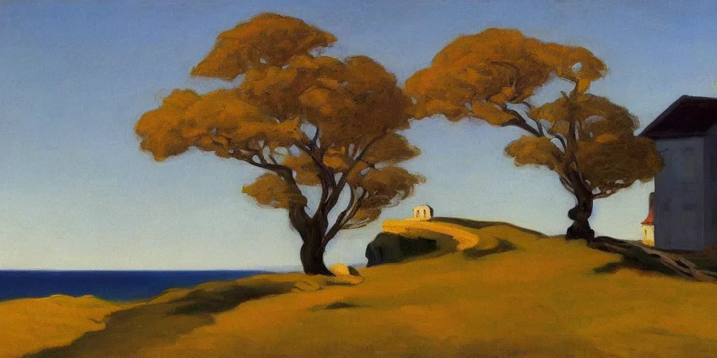 Prompt: a beautiful landscape painting of a rocky outcrop on the coast with a tree next to a house, autumn bare trees, by edward hopper, oil on canvas, highly detailed, hd, 4 k