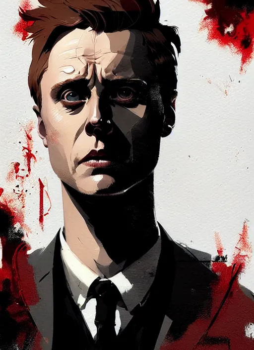 Image similar to highly detailed closeup portrait of angry handsome martin wallstrom, tyrell wellick, wearing suit by atey ghailan, by greg rutkowski, by greg tocchini, by james gilleard, by joe fenton, by kaethe butcher, gradient red, brown black and white only color scheme, grunge aesthetic!!! ( ( graffiti tag wall background ) )