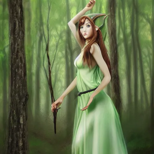 Image similar to a realistic portrait of a realistic female elf with a long withe and light green dress in the woods , perfect and hyperrealistic ultra detailed face, by WLOP