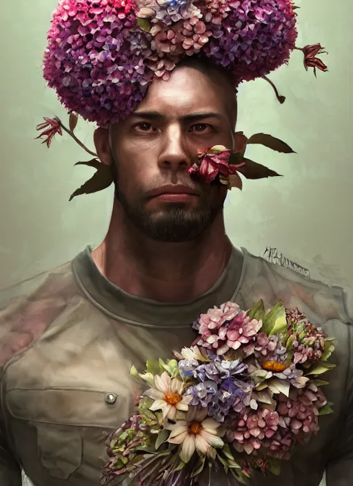 Image similar to handmade character portrait of a serious american soldier man, flowers growing on his body, explosion of amaryllis, hydrangea on his head, chrysanthemum, hyacinth, in the style of artgerm and enki bilal and bastien lecouffe - deharme, wlop, line art, watercolor, cinematic lighting, hyperdetailed, hyperrealistic