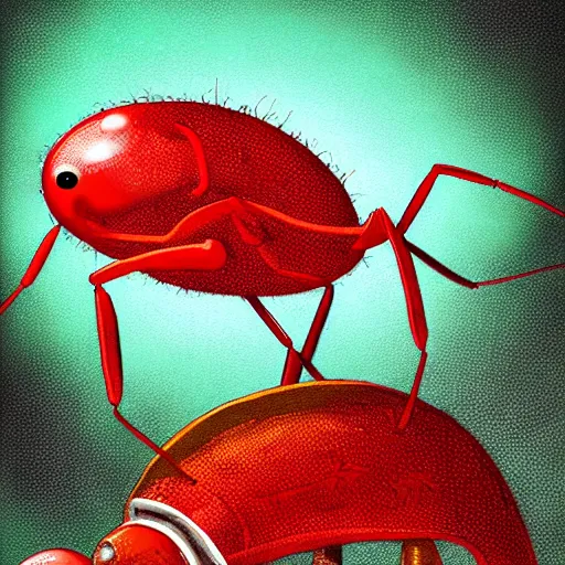 Image similar to An giant red ant piloting a ancient rusty spaceship, digital painting