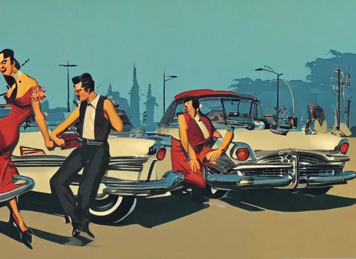 Image similar to rockabilly band 1950s, high detail, golden hour, 8K, by syd mead