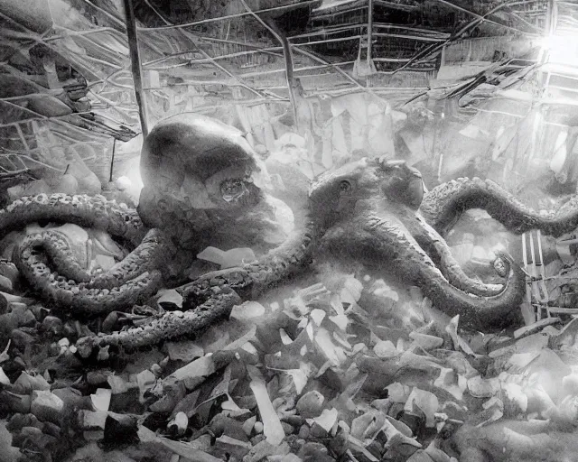 Image similar to camera footage of a extremely aggressive Giant mutated Octopus with glowing white eyes, Mutated Human Features, Human Spine, Organic Lure, in an abandoned shopping mall, Psychic Mind flayer, Terrifying, Human Silhouette :7 , high exposure, dark, monochrome, camera, grainy, CCTV, security camera footage, timestamp, zoomed in, Feral, fish-eye lens, Fast, Radiation Mutated, Nightmare Fuel, Ancient Evil, Bite, Motion Blur, horrifying, lunging at camera :4 bloody dead body, blood on floors, windows and walls :5