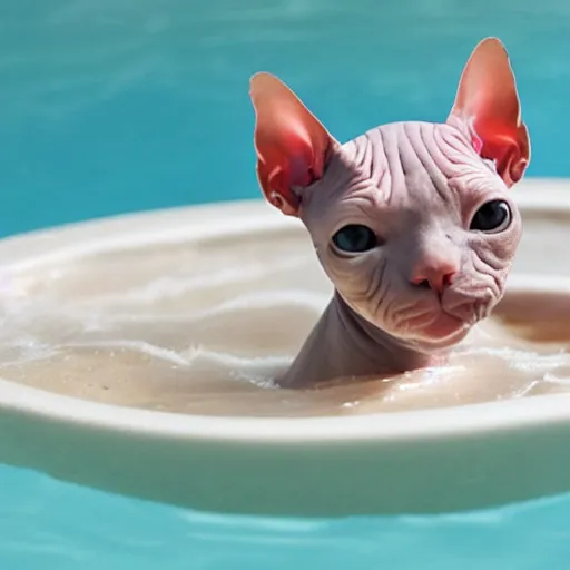 Image similar to a hairless sphynx cat swimming in a baby pool filled with milk