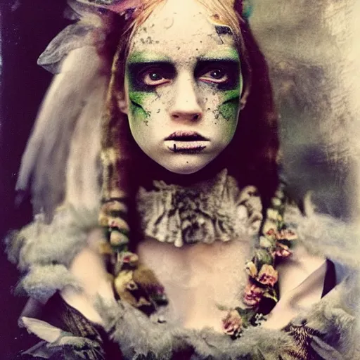 Prompt: kodak portra 4 0 0, wetplate, photo of a surreal artsy dream scene,, swedish girl, ultra - realistic face, expressive eyes, weird fashion, grotesque, extravagant dress, carneval, animal, wtf, photographed by paolo roversi style