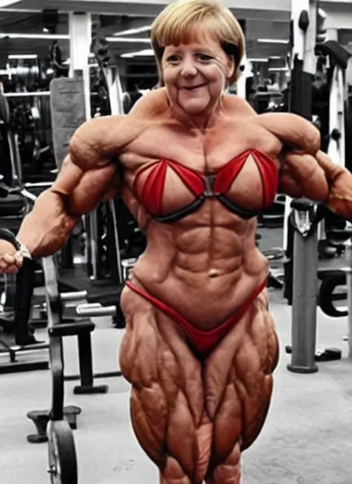 Image similar to angela merkel as a beautiful bodybuilder warrior with armature