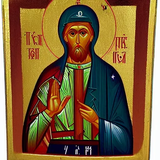 Prompt: russian orthodox icon showing saint with a mobile phone