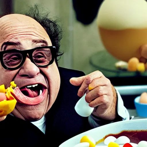 Prompt: Danny DeVito eating a boiled egg while being chased by boiled eggs with angry faces