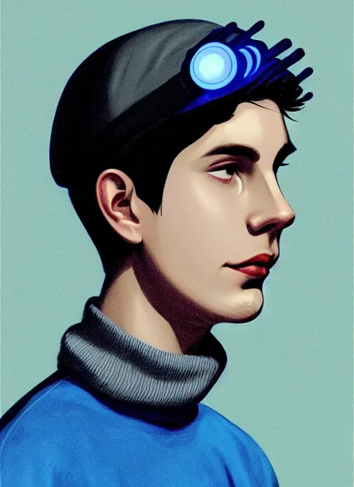 Image similar to portrait of teenage jughead jones wearing a light grey crown, crown, blue turtleneck, 1 9 5 0 s, closed eyes, photorealistic, black hair, glowing lighting, intricate, elegant, glowing lights, highly detailed, digital painting, artstation, concept art, smooth, sharp focus, illustration, art by wlop, mars ravelo and greg rutkowski