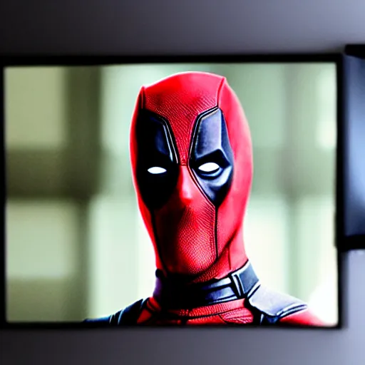 Image similar to deadpool trying to break into your room through the tv screen