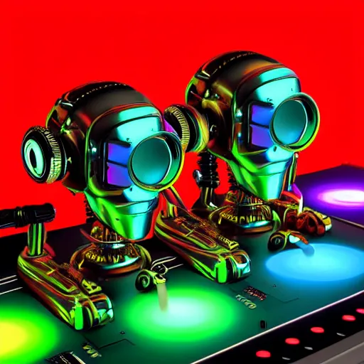 Image similar to album art for a famous dj, the album is called r. o. b. o. r. o. c. k. 3 dieselpunk robot heads with robot arms on a dj desk with a cd mixer, 8 k, fluorescent colors, halluzinogenic, multicolored, exaggerated detailed, front shot, 3 d render, octane