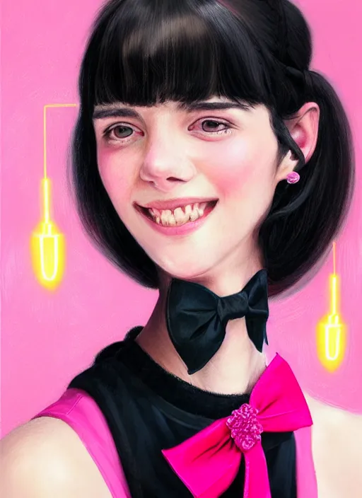 Image similar to portrait of high school girl, realistic, black hair, bangs, half updo hairstyle, pointy nose, skinny, smile, ugly, defined jawline, big chin, pink hair bow, earrings, intricate, elegant, glowing lights, highly detailed, digital painting, artstation, sharp focus, illustration, art by wlop, mars ravelo and greg rutkowski