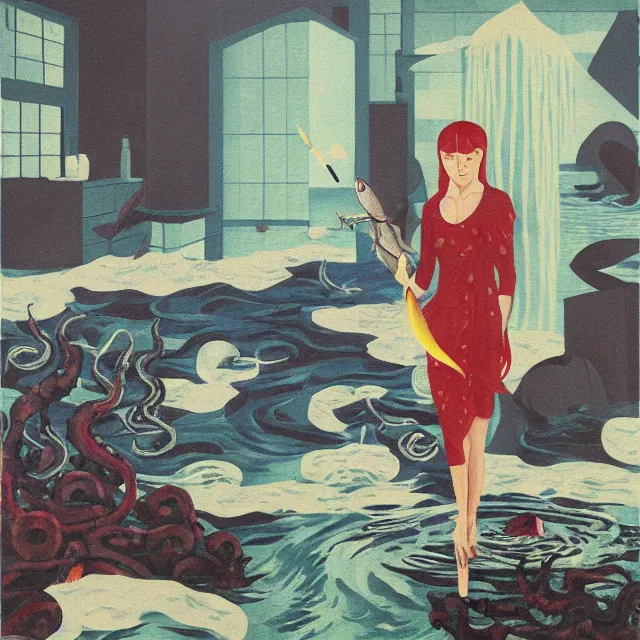 Image similar to tall emo female artist holding a large fish in her flooded kitchen, seaweed, pomegranates, octopus, water gushing from ceiling, painting of flood inside an artist's apartment, a river flooding indoors, ikebana, zen, rapids, waterfall, black swans, canoe, berries, acrylic on canvas, surrealist, by magritte and monet