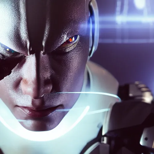 Image similar to movie still of cyborg with glowing third eye, cinematic composition, cinematic light, criterion collection, by squaresoft