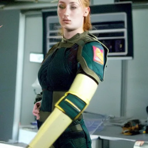 Image similar to sophie turner as starbuck from battlestar galactica 2 0 0 3, behind the scenes photo