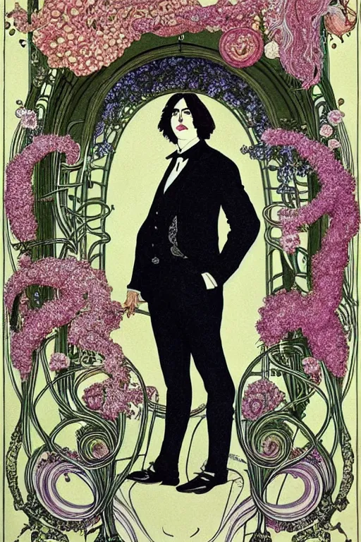 Prompt: realistic portrait of oscar wilde wearing a victorian suit with hands behind his back in the center of an ornate rococo frame of flowers, detailed art by kay nielsen and walter crane, illustration style, watercolor