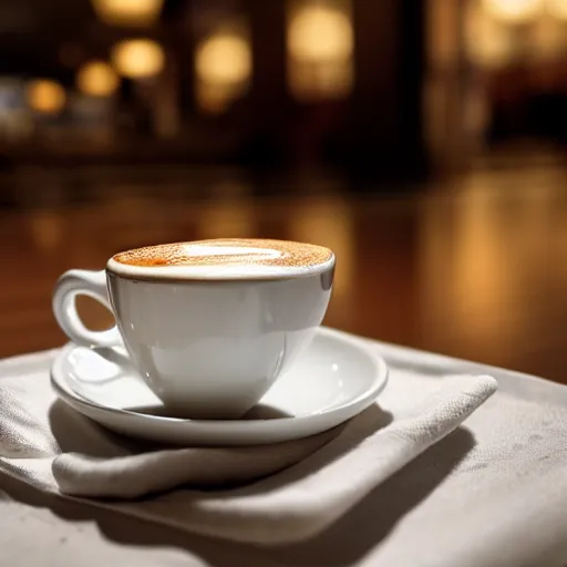 Prompt: photo of a steaming cup of cappuccino on a low table, croissant on a plate, empty hotel lobby in the background, low perspective, coffee spoon on a napkin, liminal spaces, diffuse light, hdr, dslr