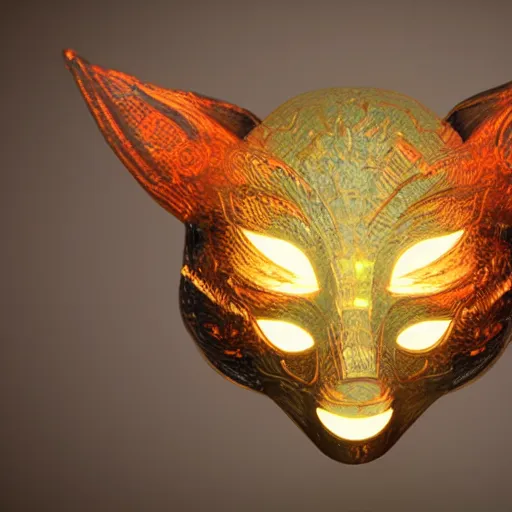 Prompt: a translucent holographic kitsune mask, intricate unreal engine 5 creation, movie still