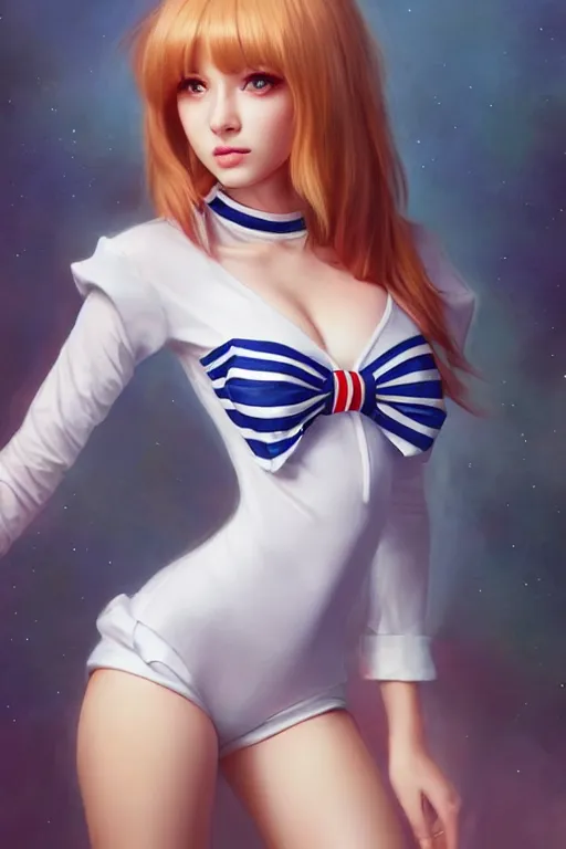 Image similar to full body photo of a gorgeous young woman wearing a sailor style fress in the style of stefan kostic, realistic, sharp focus, 8k high definition, insanely detailed, intricate, elegant, art by stanley lau and artgerm