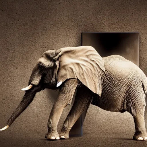 Image similar to an elephant falling apart and crumbling to dust to the air, photorealistic