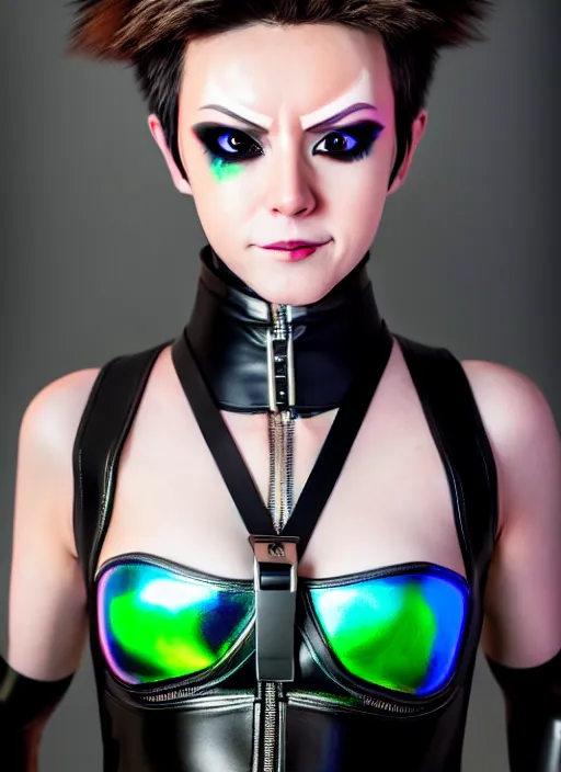 Prompt: hyperrealistic style portrait of tracer overwatch, confident pose, wearing black iridescent rainbow latex, 4 k, expressive happy smug expression, makeup, in style of mark arian, wearing detailed black leather collar, wearing sleek armor, black leather harness, expressive detailed face and eyes,