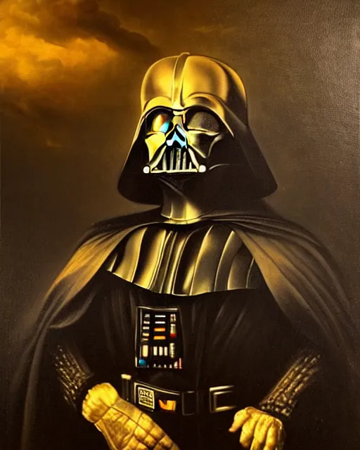 Image similar to refined gorgeous blended oil painting with black background by christian rex van minnen rachel ruysch dali todd schorr of a chiaroscuro portrait of darth vader dutch golden age vanitas intense chiaroscuro cast shadows obscuring features dramatic lighting perfect symmetry perfect composition masterpiece