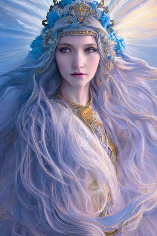 Image similar to breathtaking detailed soft painting of a knight queen with long flowing blue hair, pastel flower petals flying, at dawn in front of a pristine golden art nouveau cathedral, elegant, volumetric lighting, highly detailed, artstation, concept art, matte, sharp focus, art by pilyeon,