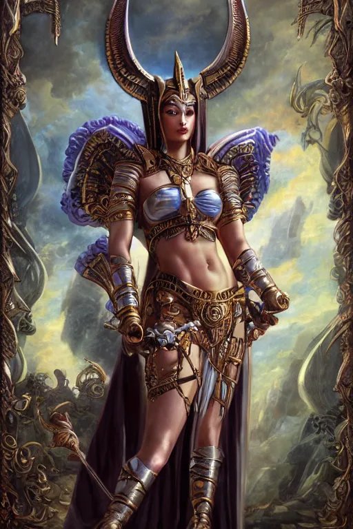 Prompt: Mystical Valkyrie, Portrait of a beautiful female Atlantean Alien Anubis Warrior, Realistic, Regal, Refined, Detailed Digital Art, François Boucher, Oil Painting, Michael Cheval, Esao Andrews, Steampunk, Walt Disney (1937), Highly Detailed, Cinematic Lighting, Unreal Engine, 8k, HD