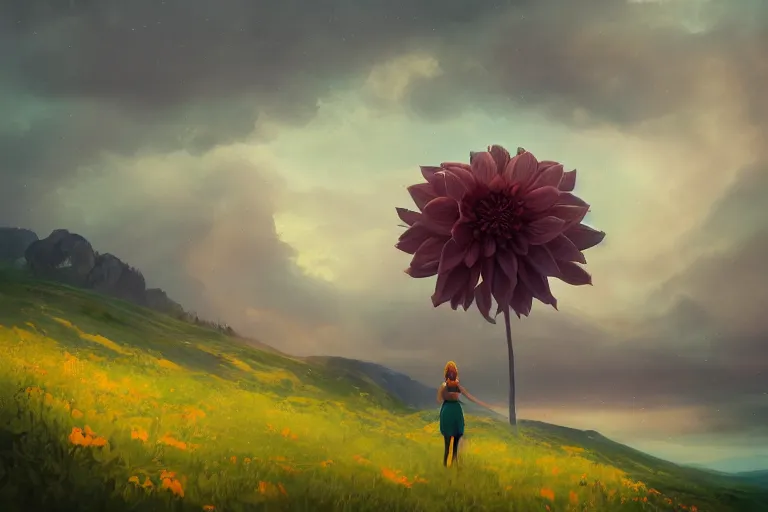 Prompt: giant dahlia flower as a head, girl walking on mountain, surreal photography, stars, dramatic light, impressionist painting, storm clouds, digital painting, artstation, simon stalenhag