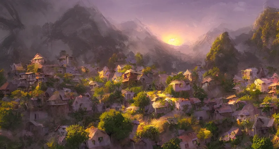 Image similar to beautiful peace loving village on a mountain slope, realistic concept art, eytan zana, one pixel brush, lavander and yellow color scheme, dramatic lighting, concept art, trending on artstation