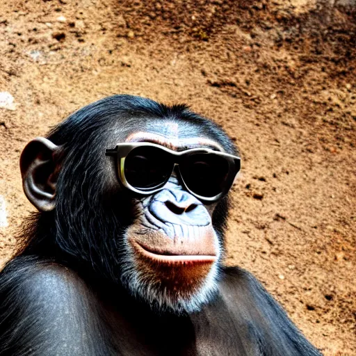 Prompt: high quality 8 k landscape photo of a smiling happy and wise chimpanzee wearing cool dark sunglasses looking up, ultra wide lens picture, detailed picture, cinematic composition, cinematic lighting, by gustave dore