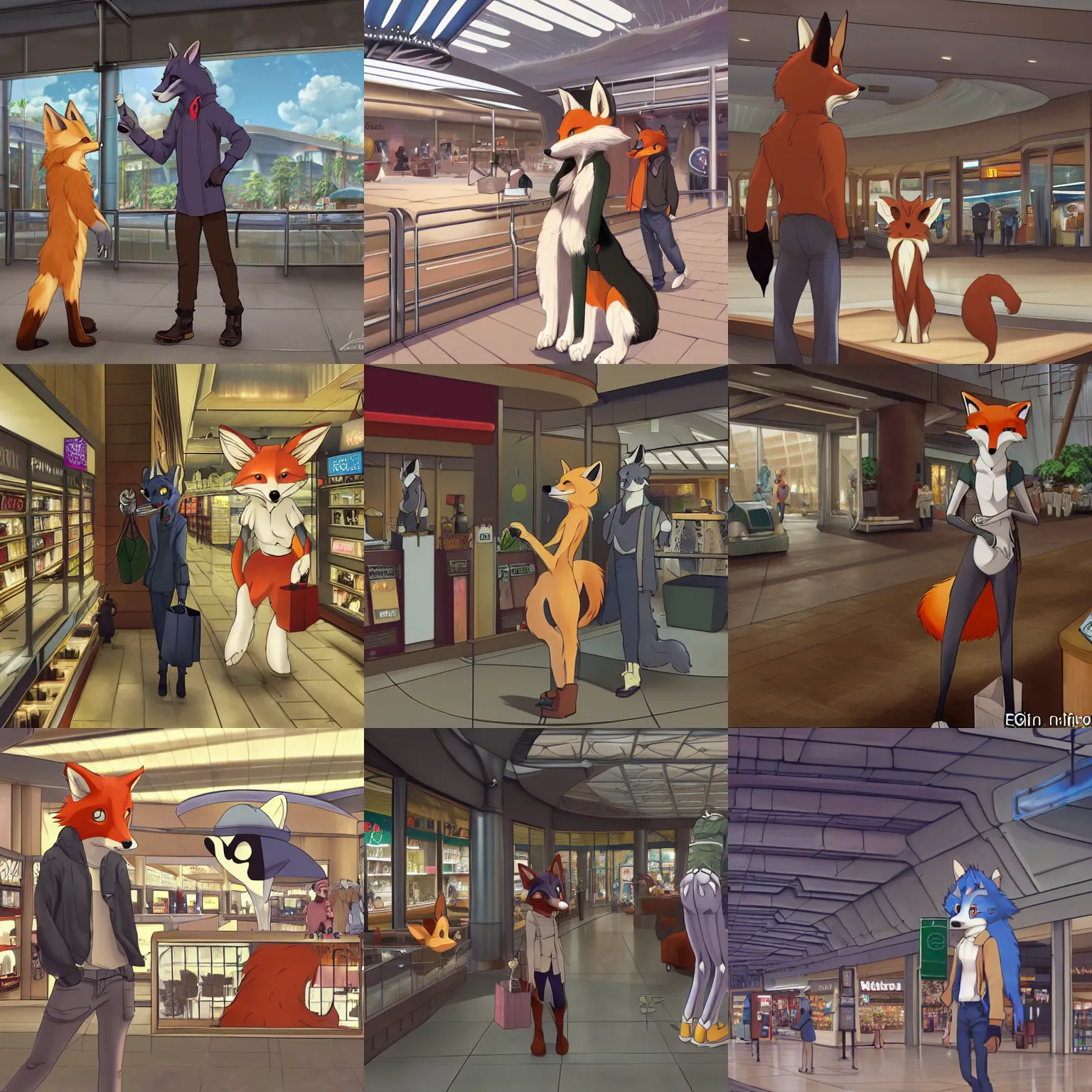 Prompt: an anthropomorphic natural furry ( fox ) shopping at a futuristic mall, photorealistic, anime, makoto shinkai, james gurney, don bluth, disney, hibbary, dark natasha, goldenwolf, furaffinity, fursona, commission