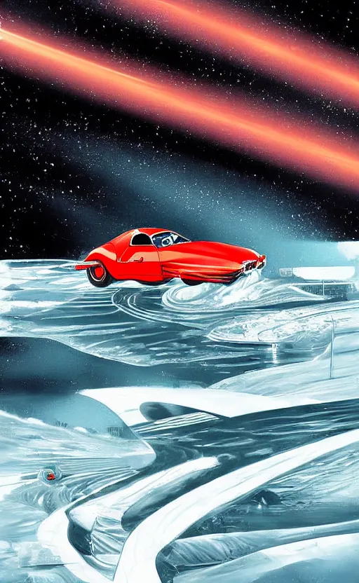 Image similar to retro - futurism, art - deco style sports car moving at hyper speed through the ice lake, poster, long - distance shot