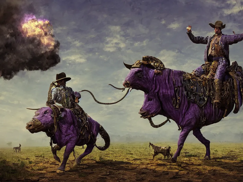 Prompt: cowboy snake oil salesman in purple green medieval armour riding a locomotive steam bull with dollar bill print skin, by Greg Rutkowski, 8K, hyper detailed, realistic, by onesal, by sixnfive , behance 3d , studio photography DSLR, Photoreal epic composition
